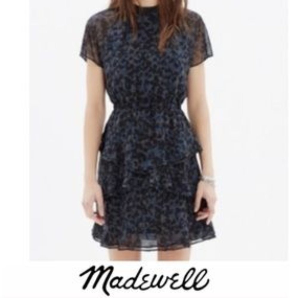 Madewell Navy Inkspot Leopard Print Tiered Short Sleeve Ruffle Dress